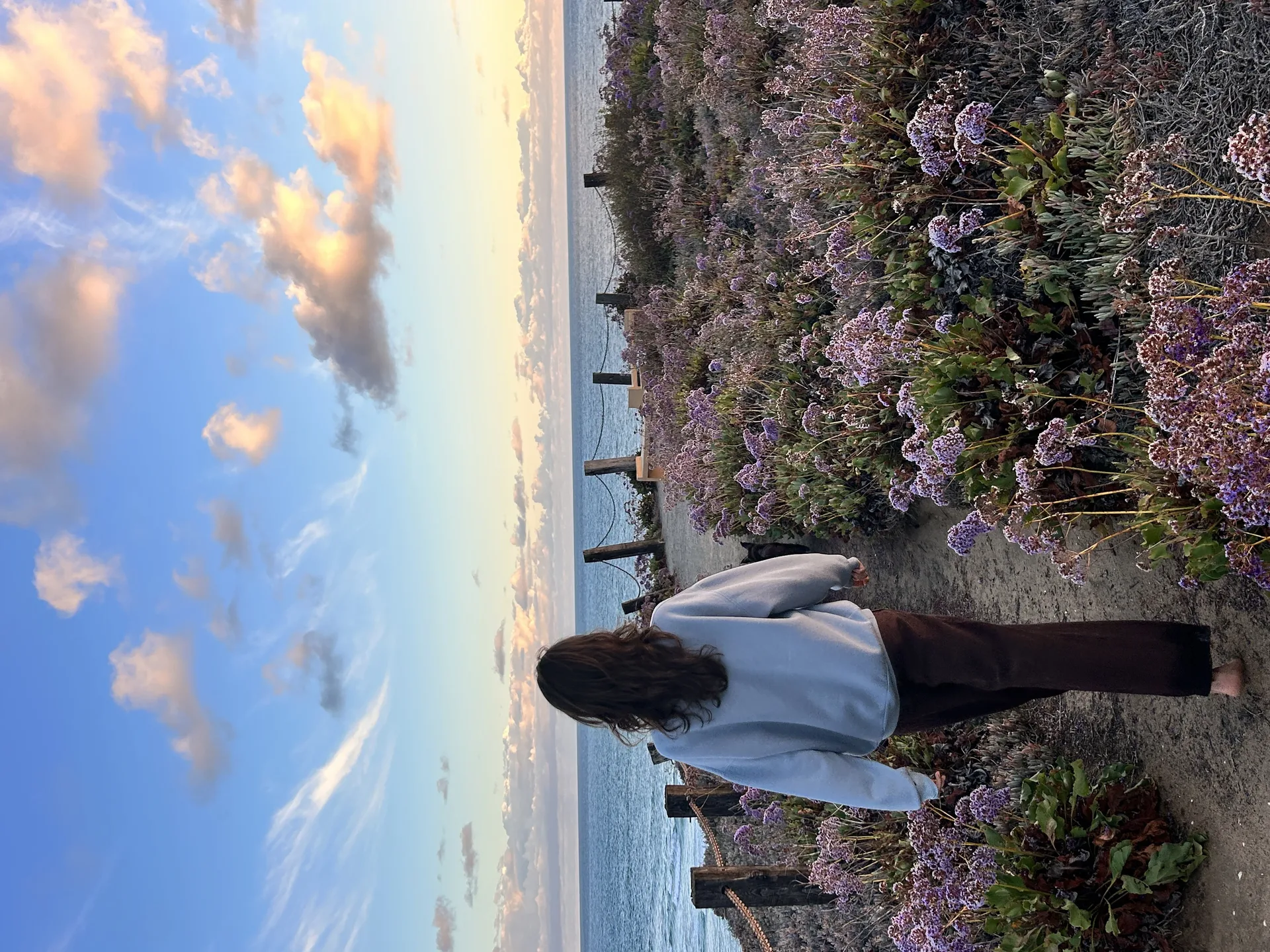 Hannah walking through a field of wildflowers at sunset